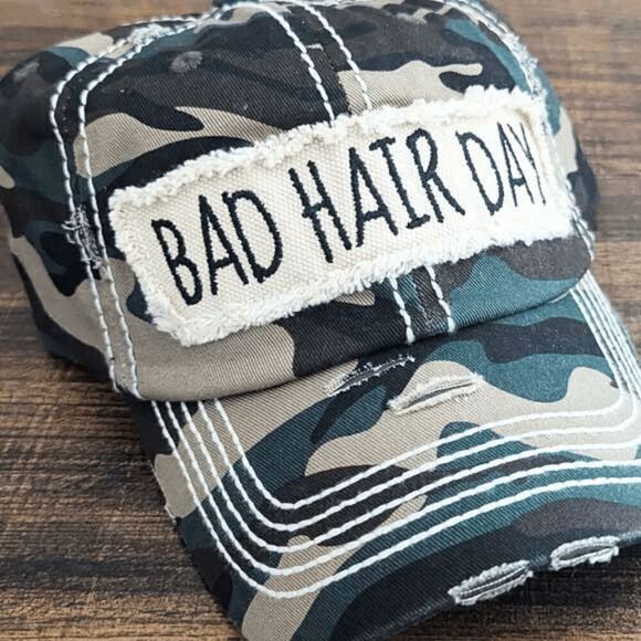 2/$30 Ladies Camo Bad Hair Day Women’s Baseball Cap - Picture 3 of 7